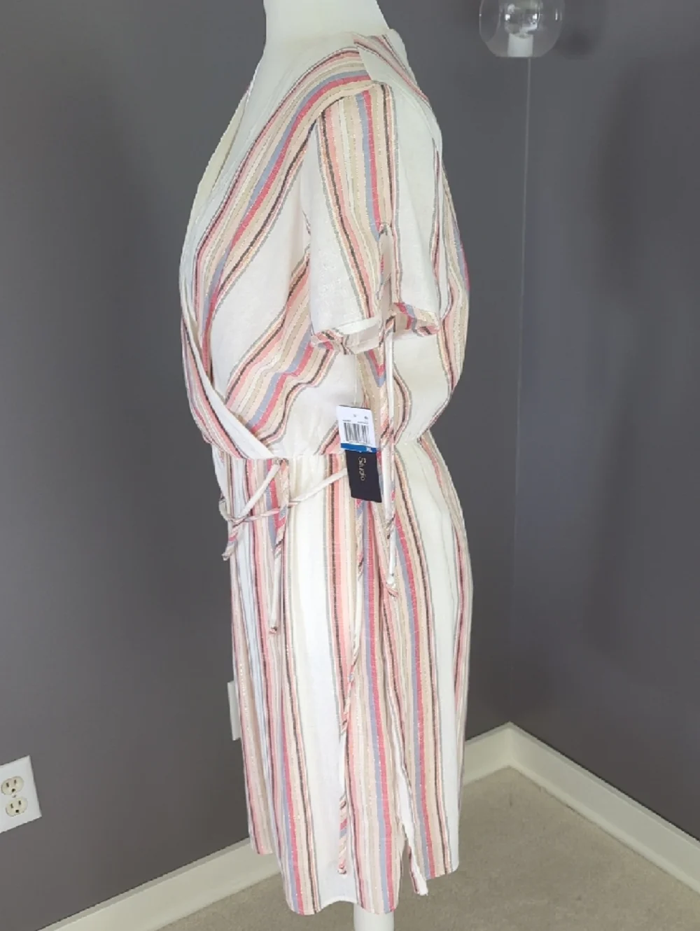 City Studio Cream Wrap Dress with Stripes and Gold Detail
